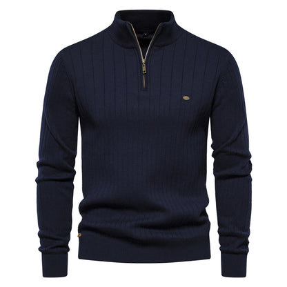 Men's Casual Cotton Half Zipper Stand Collar Pullover Sweater
