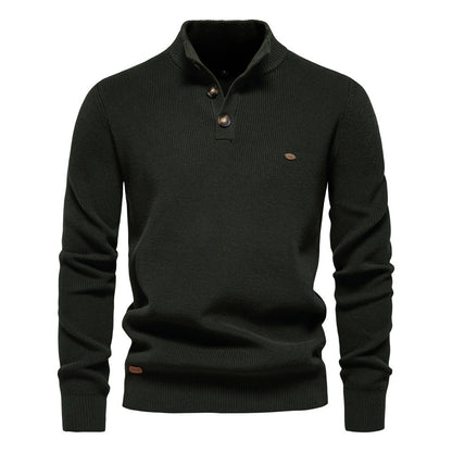 Men's Mock Neck Button-Up Cotton Pullover Sweater