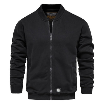Men's Baseball Collar Solid French Terry Zip Sweater Jacket