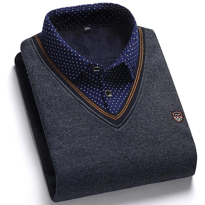 Men's Fleece Patchwork Fake Two Piece Knit Sweater