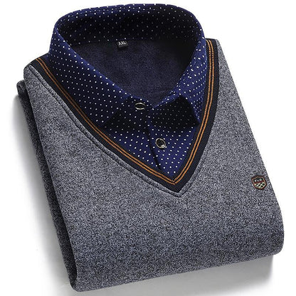 Men's Fleece Patchwork Fake Two Piece Knit Sweater