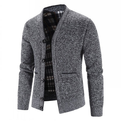 Men's Knitted V-Neck Button Down Cardigan Sweater With Flannel Lining And Pockets