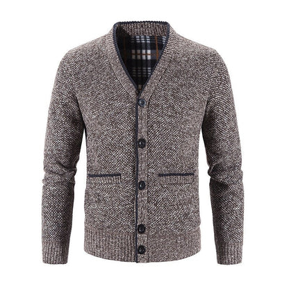 Men's Knitted V-Neck Button Down Cardigan Sweater With Flannel Lining And Pockets