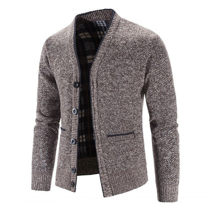 Men's Knitted V-Neck Button Down Cardigan Sweater With Flannel Lining And Pockets