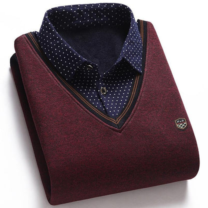 Men's Fleece Patchwork Fake Two Piece Knit Sweater
