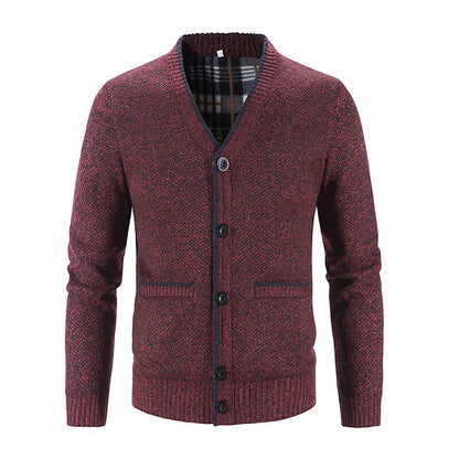 Men's Knitted V-Neck Button Down Cardigan Sweater With Flannel Lining And Pockets