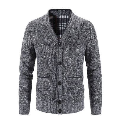 Men's Knitted V-Neck Button Down Cardigan Sweater With Flannel Lining And Pockets